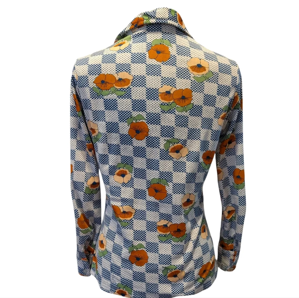 70s Mod Pointy Collar Women Shirt Groovy Green Blue‎ Orange Psychedelic Graphic - Picture 8 of 9